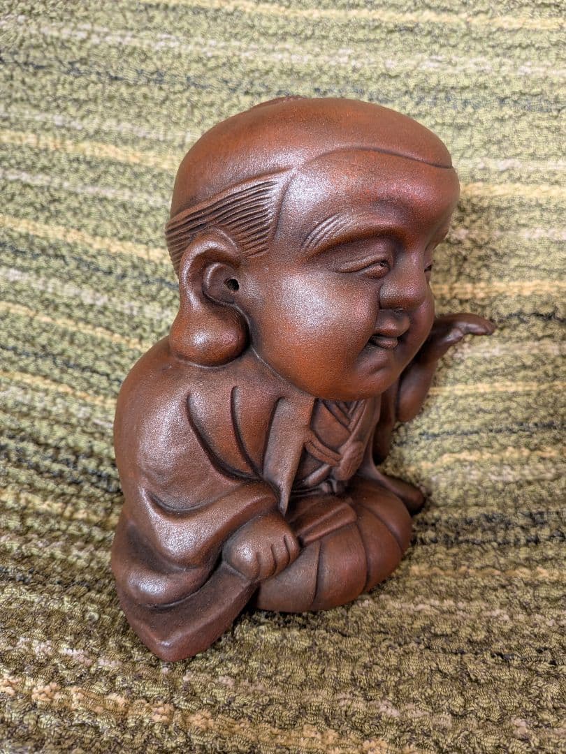 No.17備前焼福助の置物A2、古備前福助人形、縁起物、商売の神様、