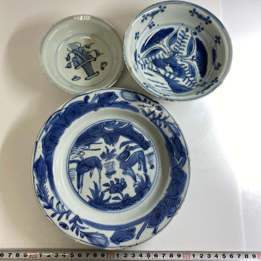 専用　中国明時代　古染付中皿鉢3点　東Y7-0204☆2Fトコオ