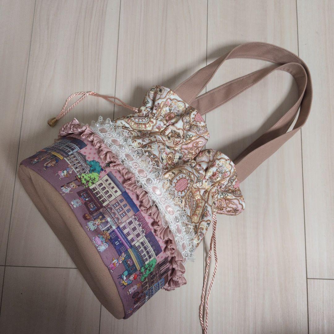 インド刺繍生地巾着トートバッグ
