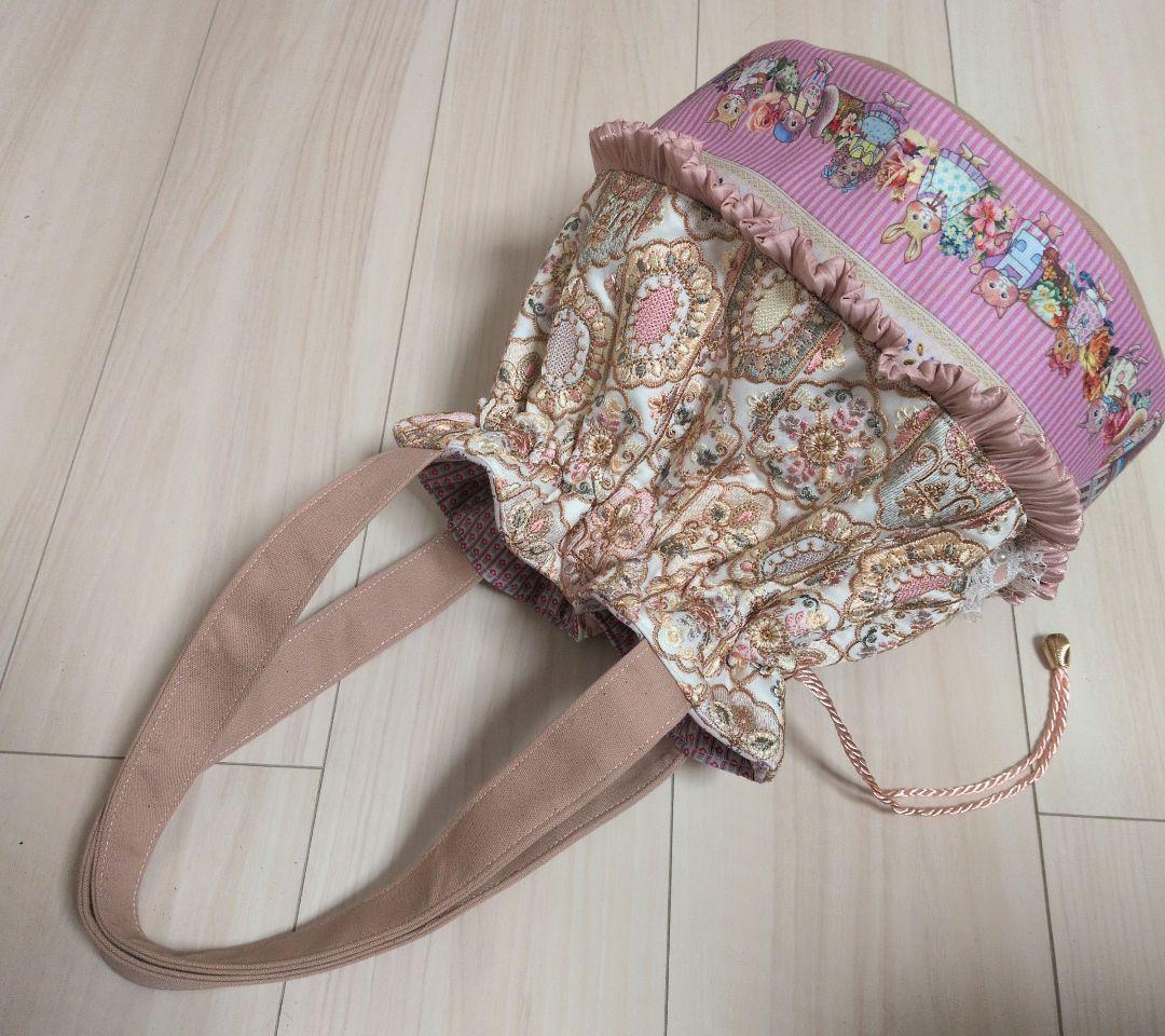 インド刺繍生地巾着トートバッグ