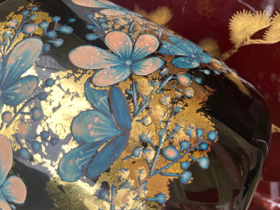 新品　骨董品　希少　花瓶 花柄 陶器 木箱付き　彫漆 草花漆花瓶 草花漆 花瓶