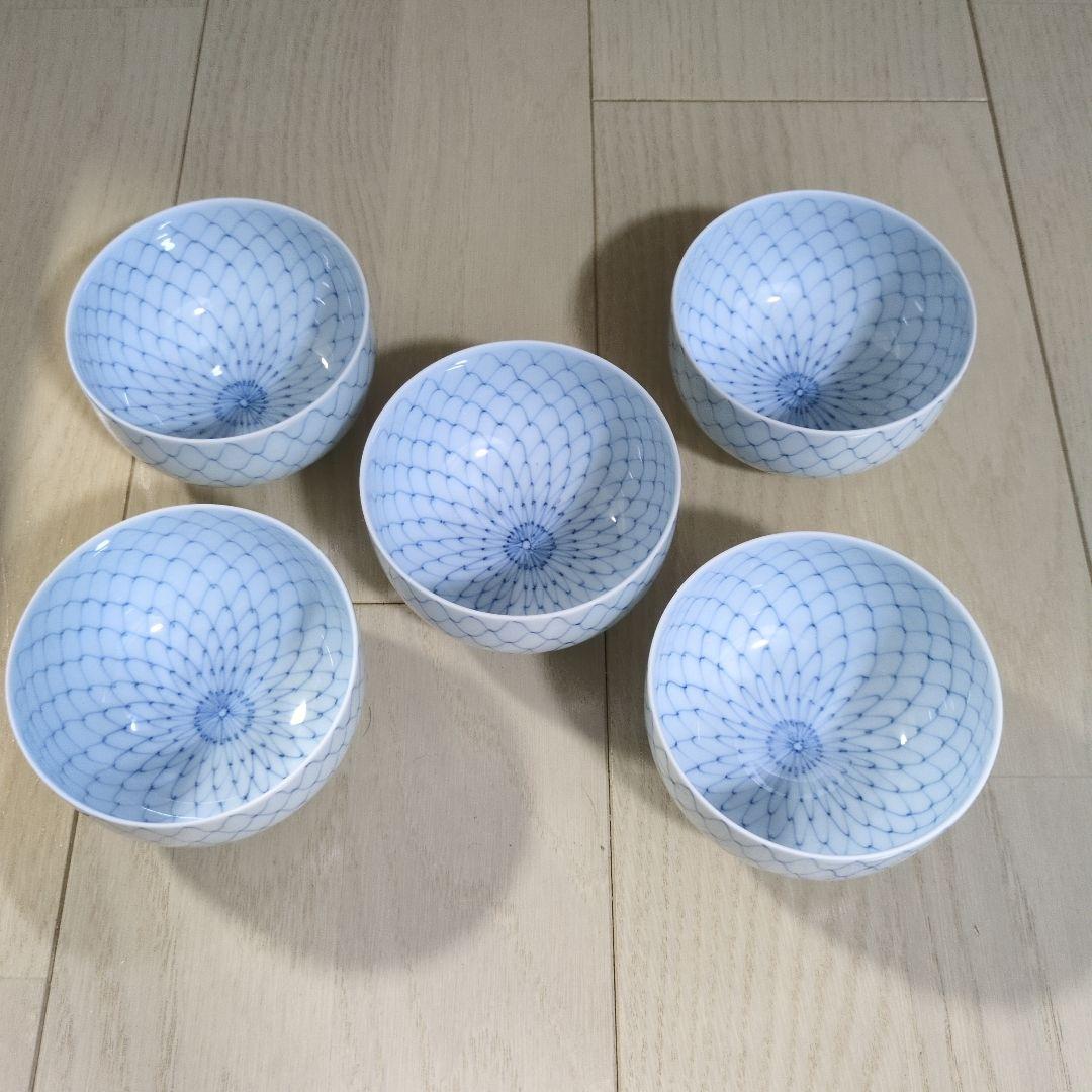有田焼福峰窯　手描き 内外網目　蓋付き湯呑み　５客