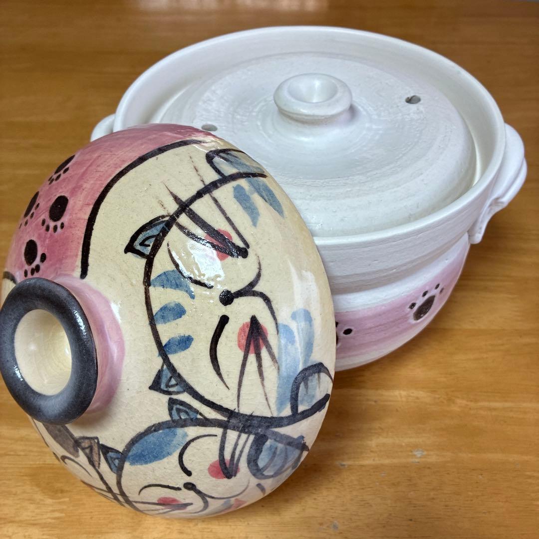 萬古焼　ごはん鍋　土鍋　炊飯鍋　1点 調理器具　手書きねこ　耐熱陶器　4合