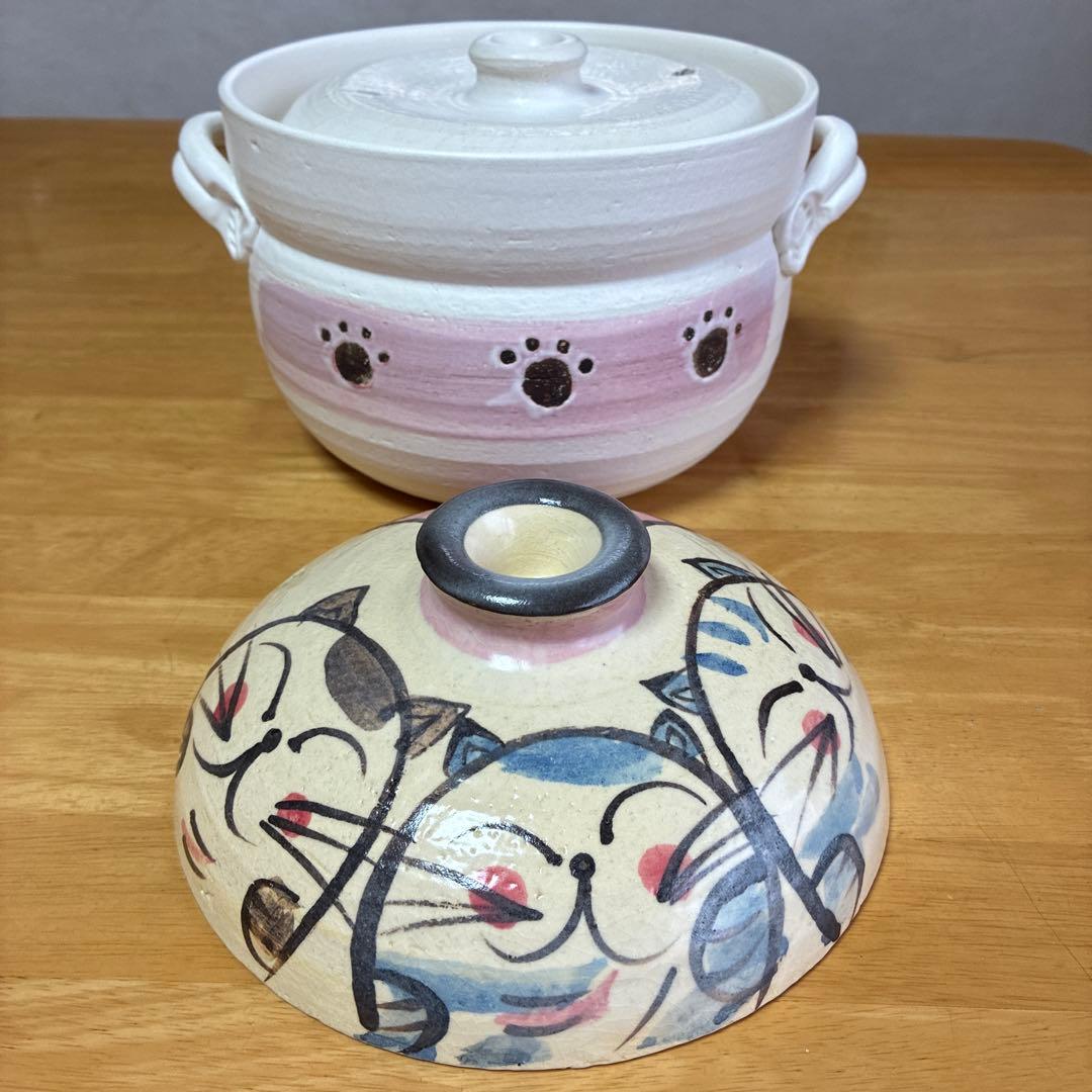 萬古焼　ごはん鍋　土鍋　炊飯鍋　1点 調理器具　手書きねこ　耐熱陶器　4合