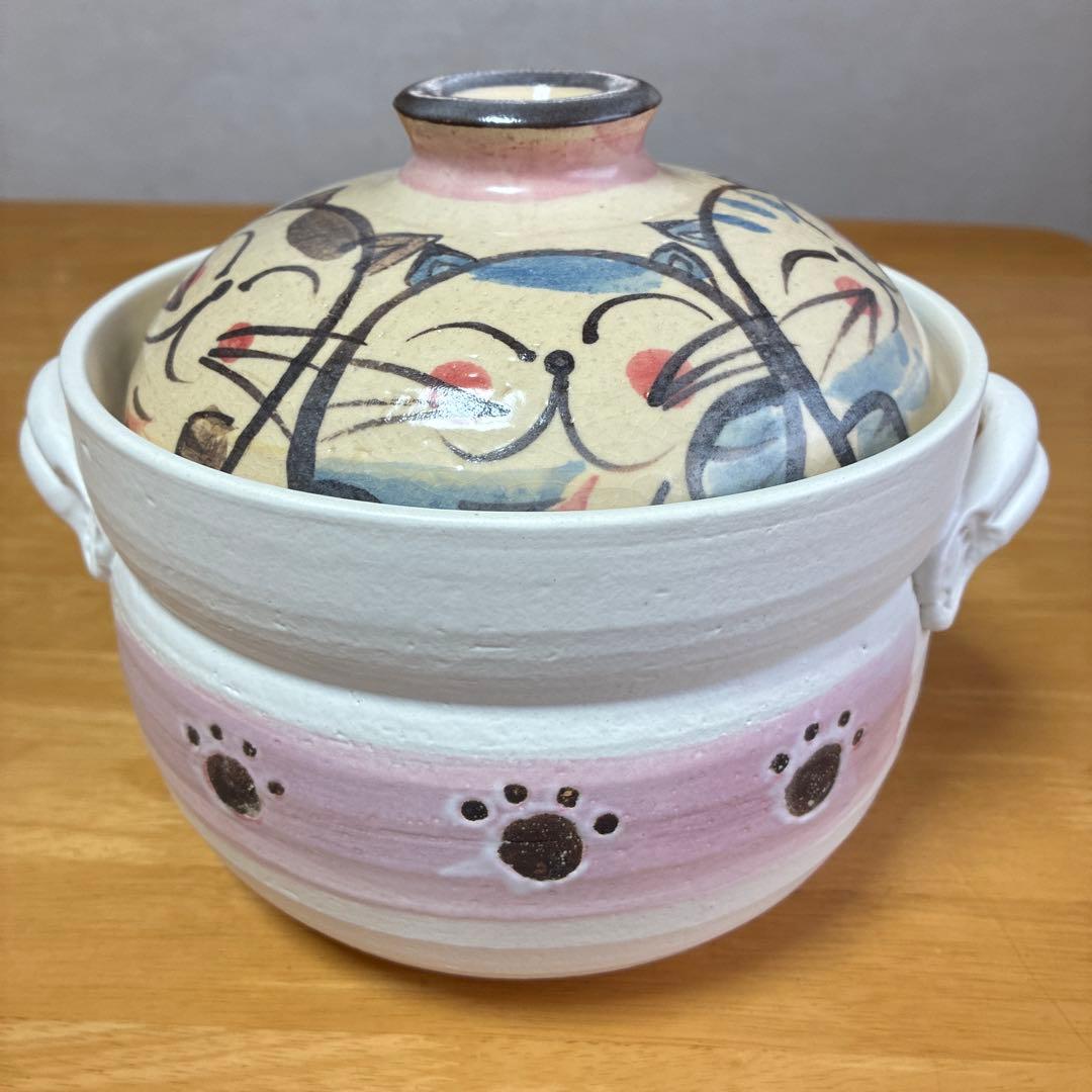 萬古焼　ごはん鍋　土鍋　炊飯鍋　1点 調理器具　手書きねこ　耐熱陶器　4合