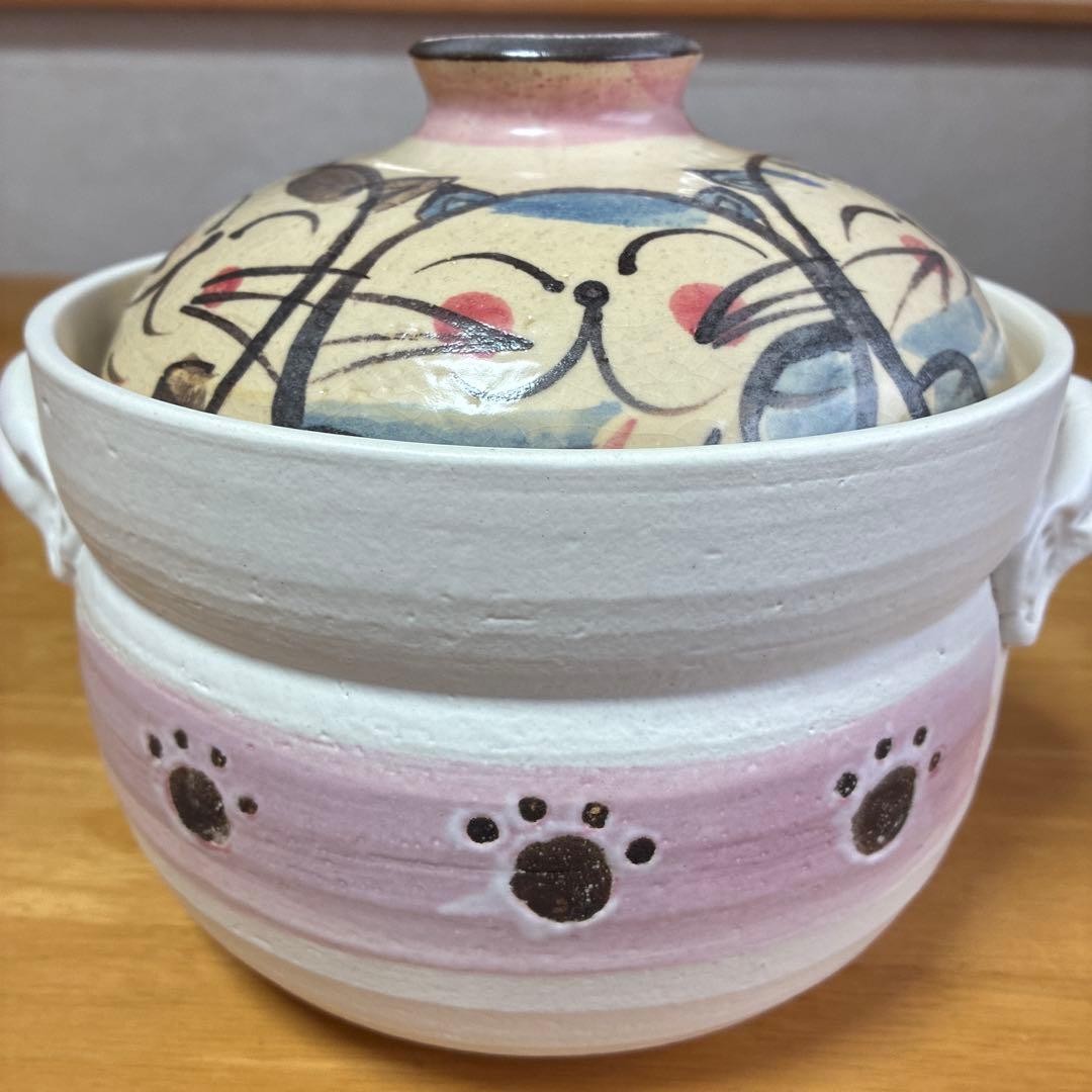 萬古焼　ごはん鍋　土鍋　炊飯鍋　1点 調理器具　手書きねこ　耐熱陶器　4合