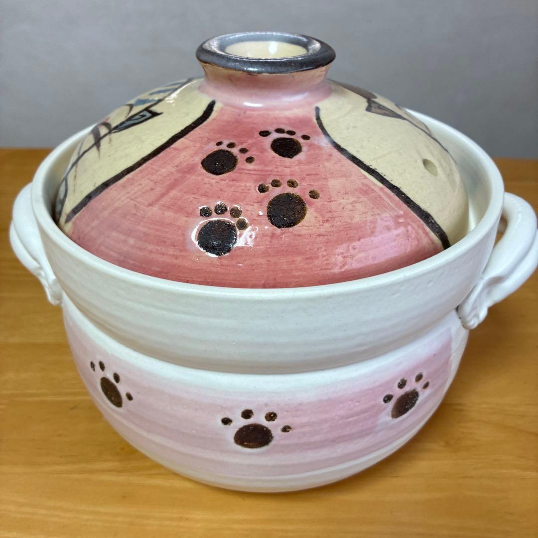 萬古焼　ごはん鍋　土鍋　炊飯鍋　1点 調理器具　手書きねこ　耐熱陶器　4合