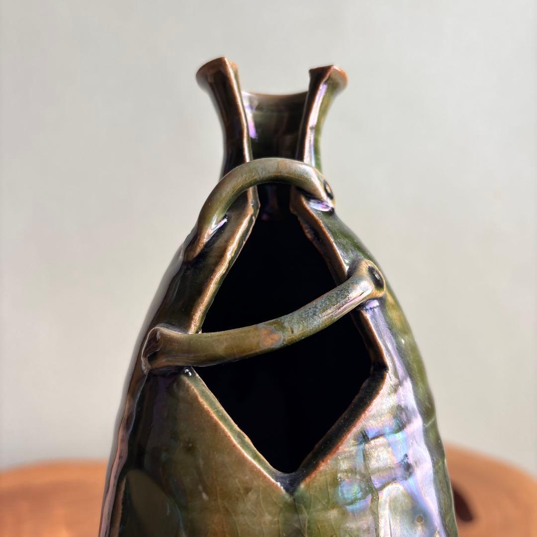 おりべ花入 小崎一陽造 織部焼 一輪挿し 共箱 高さ21cm