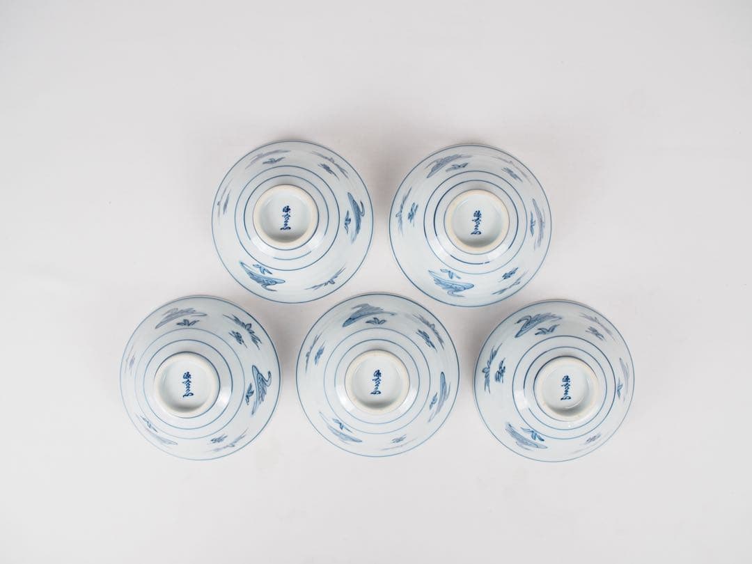 源右衛門窯 染付水鳥図 茶碗 飯碗 5客① (付属品：共箱)