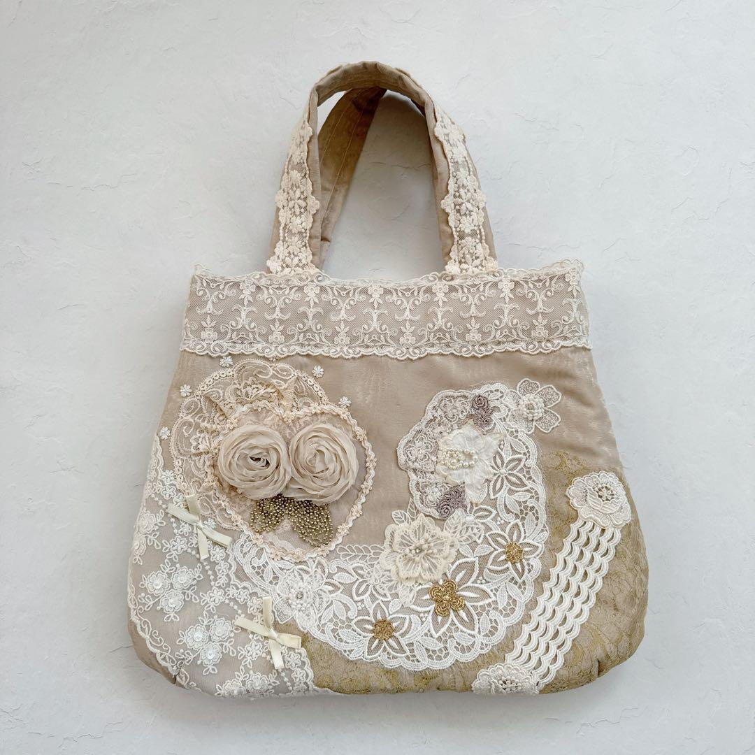 【新品/未使用】ハンドメイド/刺繍アンティークレースバッグ