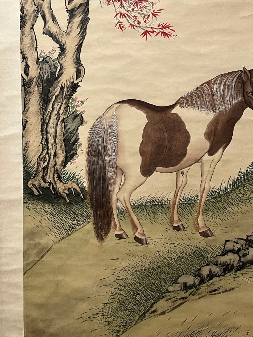 ［模写］中国書画 郎世寜［馬の図］紙本 中国美術 肉筆 木箱付 大幅！