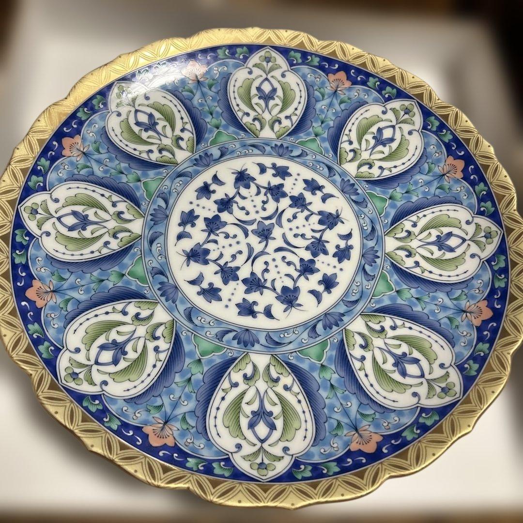 ★激レア★三洋陶器 美濃焼 龍峰窯 金七宝32大皿 和食器 金縁 青地 新品
