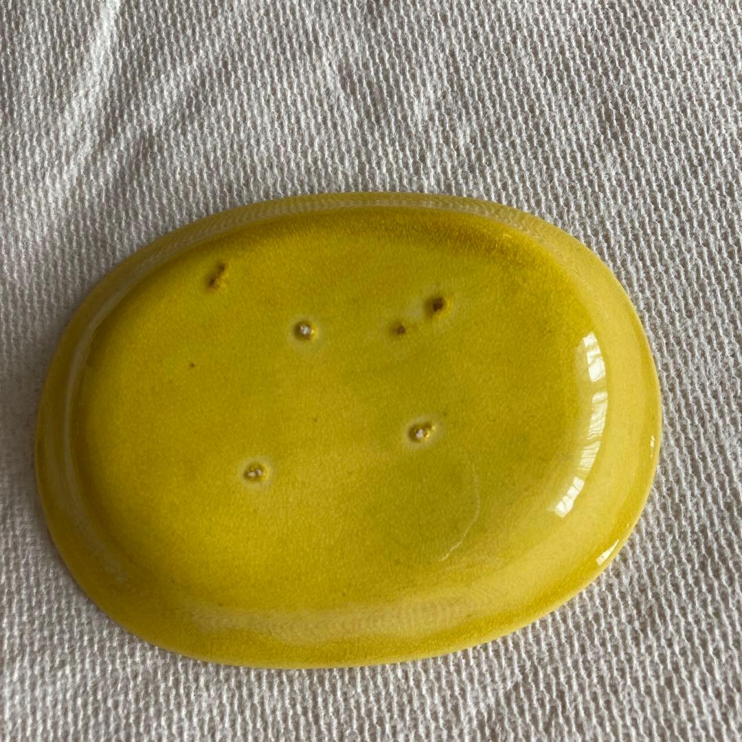 珉平焼 黄釉 雲龍陰刻文 小判形小皿 豆皿 淡路焼 骨董　8枚