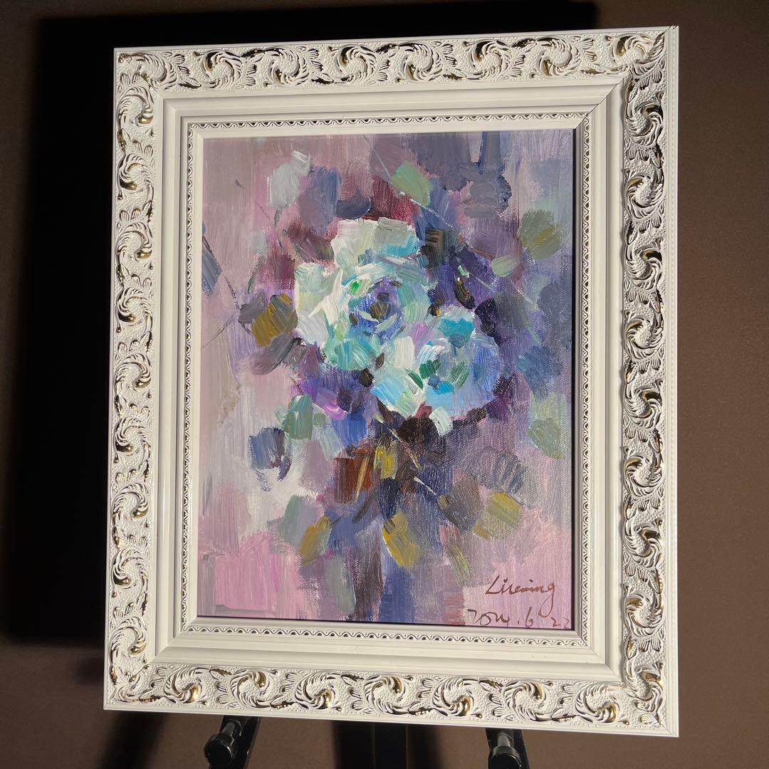 ★秀作★手書き油絵 花瓶の花 額付 絵画 インテリア 油彩画