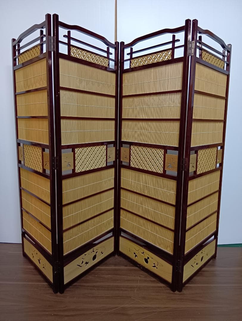 高級溜塗屏風「六瓢」四つ折り 御簾屏風 W47×4曲×H135
