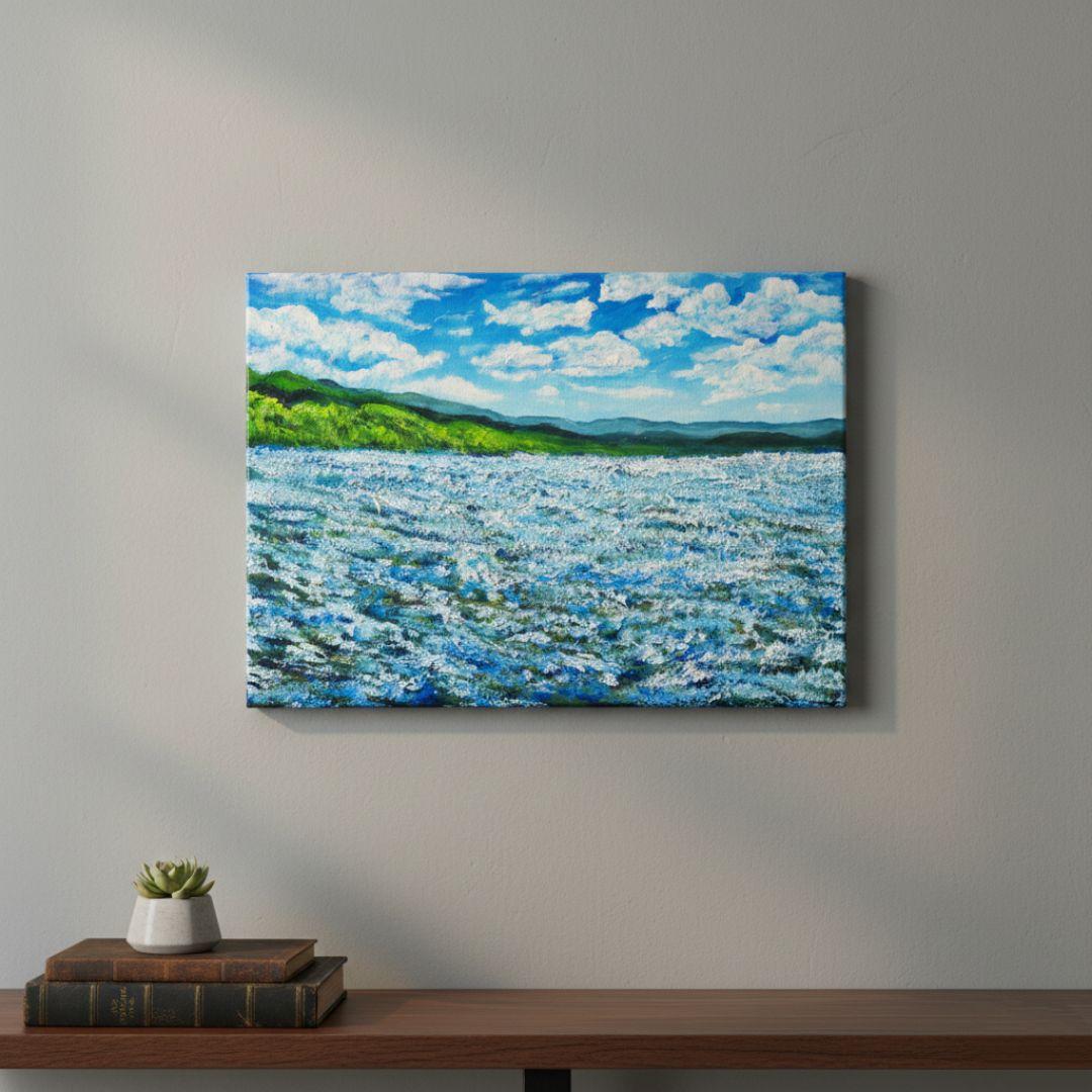 油絵 絵画【蒼天と青い花】F4号 ネモフィラ 額縁なし（壁掛け金具付き）