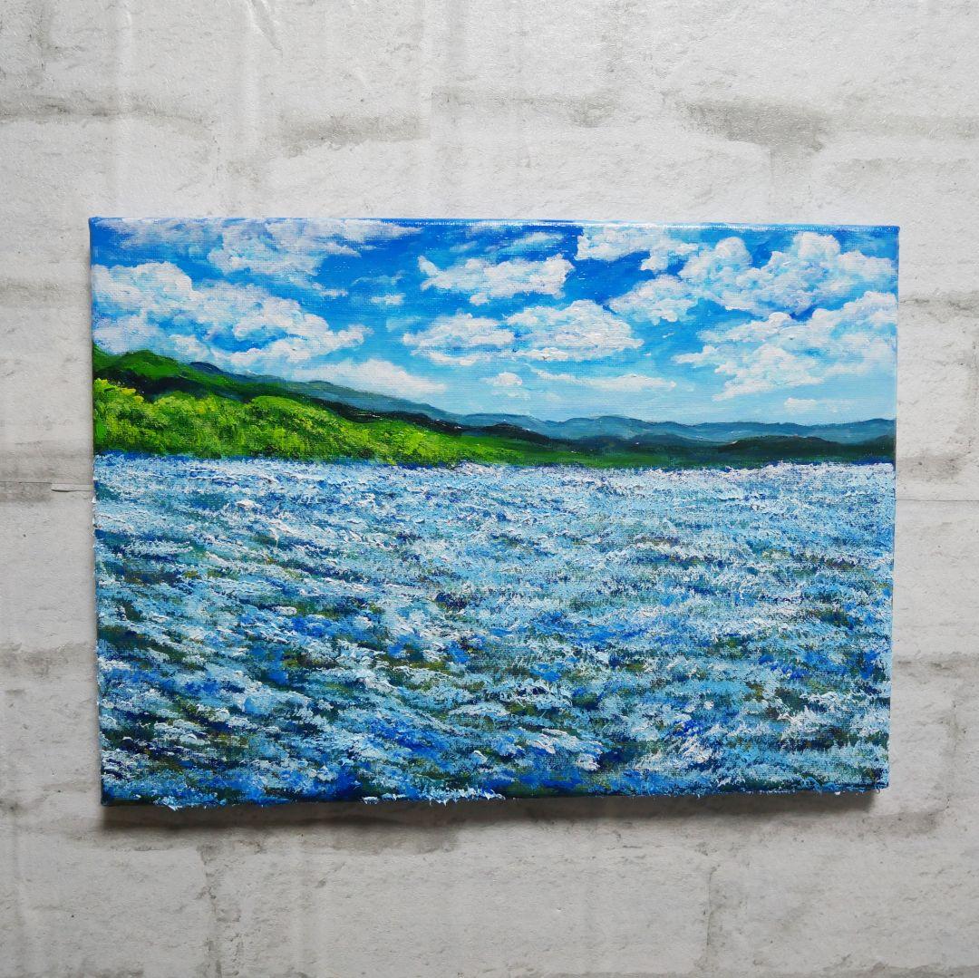 油絵 絵画【蒼天と青い花】F4号 ネモフィラ 額縁なし（壁掛け金具付き）