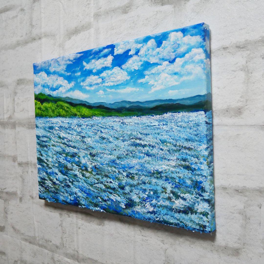 油絵 絵画【蒼天と青い花】F4号 ネモフィラ 額縁なし（壁掛け金具付き）