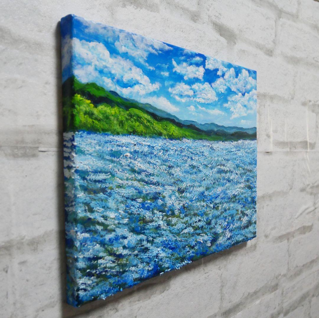 油絵 絵画【蒼天と青い花】F4号 ネモフィラ 額縁なし（壁掛け金具付き）