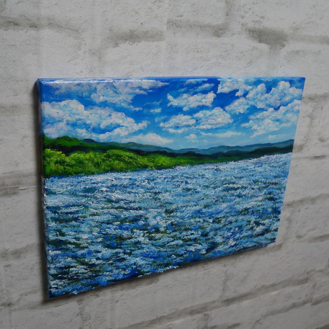 油絵 絵画【蒼天と青い花】F4号 ネモフィラ 額縁なし（壁掛け金具付き）