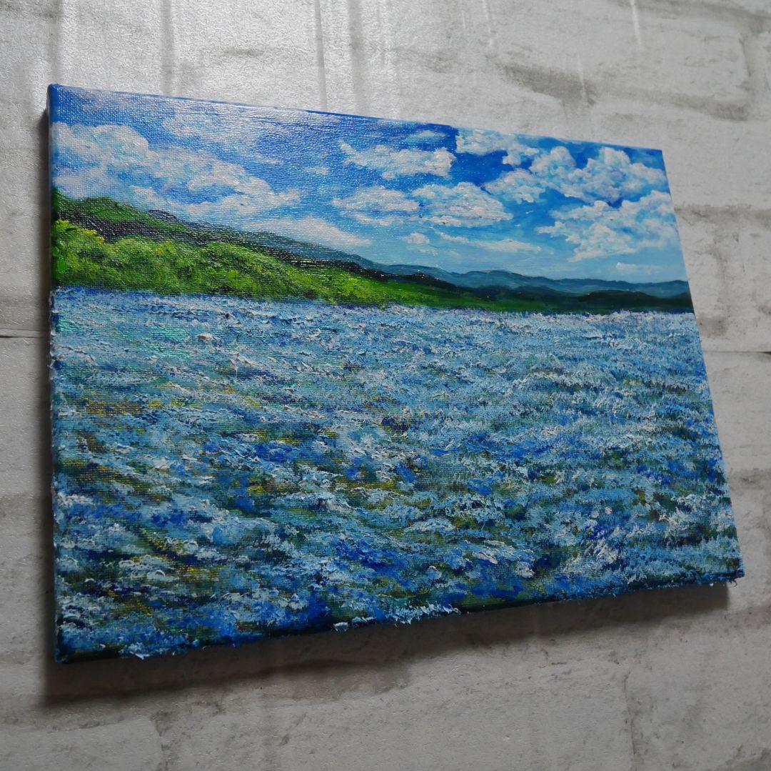 油絵 絵画【蒼天と青い花】F4号 ネモフィラ 額縁なし（壁掛け金具付き）