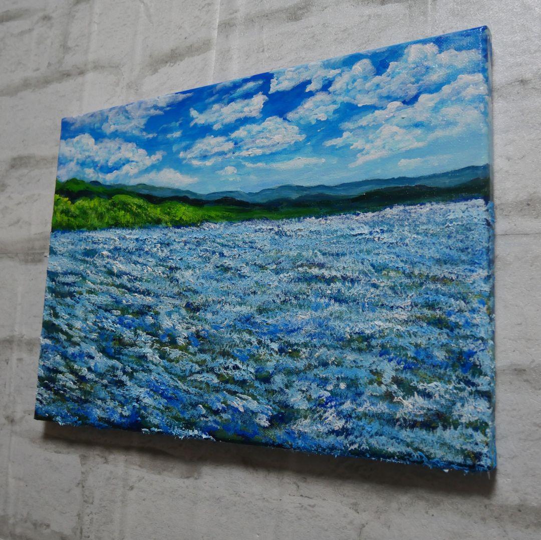 油絵 絵画【蒼天と青い花】F4号 ネモフィラ 額縁なし（壁掛け金具付き）