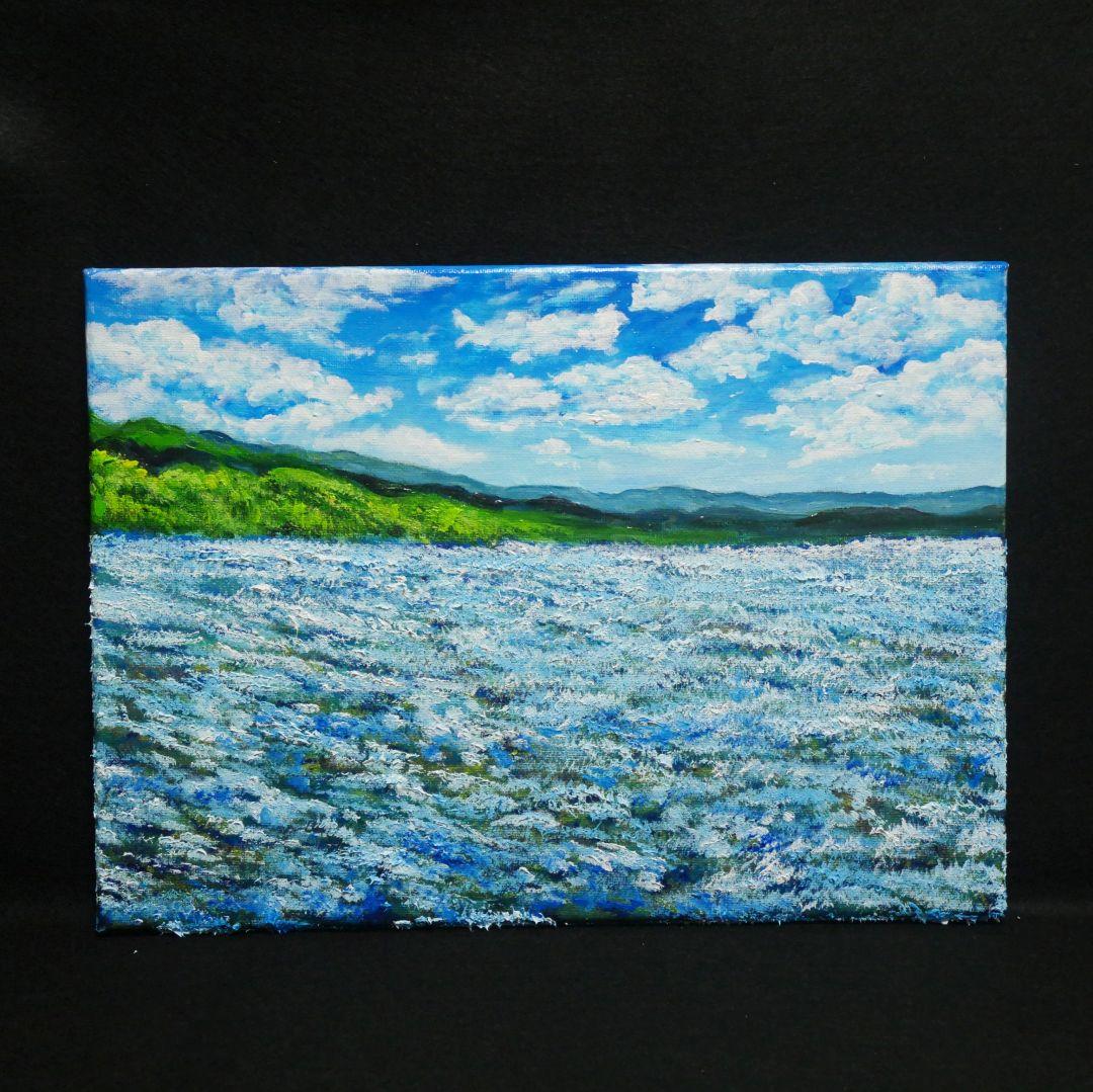 油絵 絵画【蒼天と青い花】F4号 ネモフィラ 額縁なし（壁掛け金具付き）