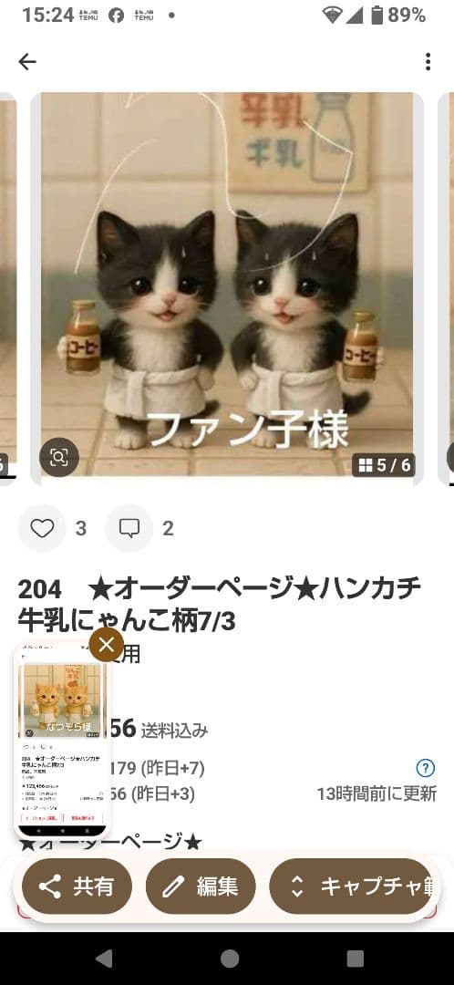 ファン子　ハンカチ　ねこちゃん柄