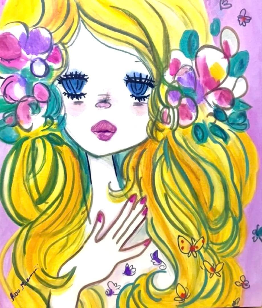 大作【F10】水森亜土（ピアノを弾く女の子）肉筆品/表裏サイン有り/手描き/油絵