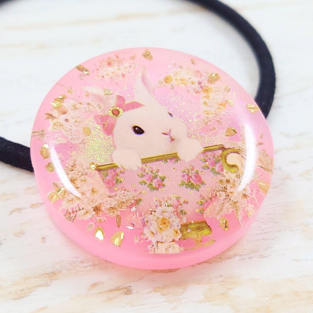 ティーカップうさぎのヘアゴム ピンク ハンドメイド レジン お花 ネックレス 丸