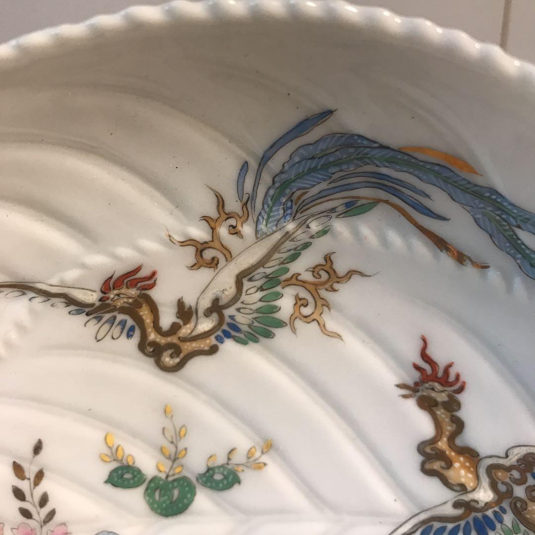 葉っぱ型小物入れ、鳳凰紋様、明治大正時代、手描き、骨董品