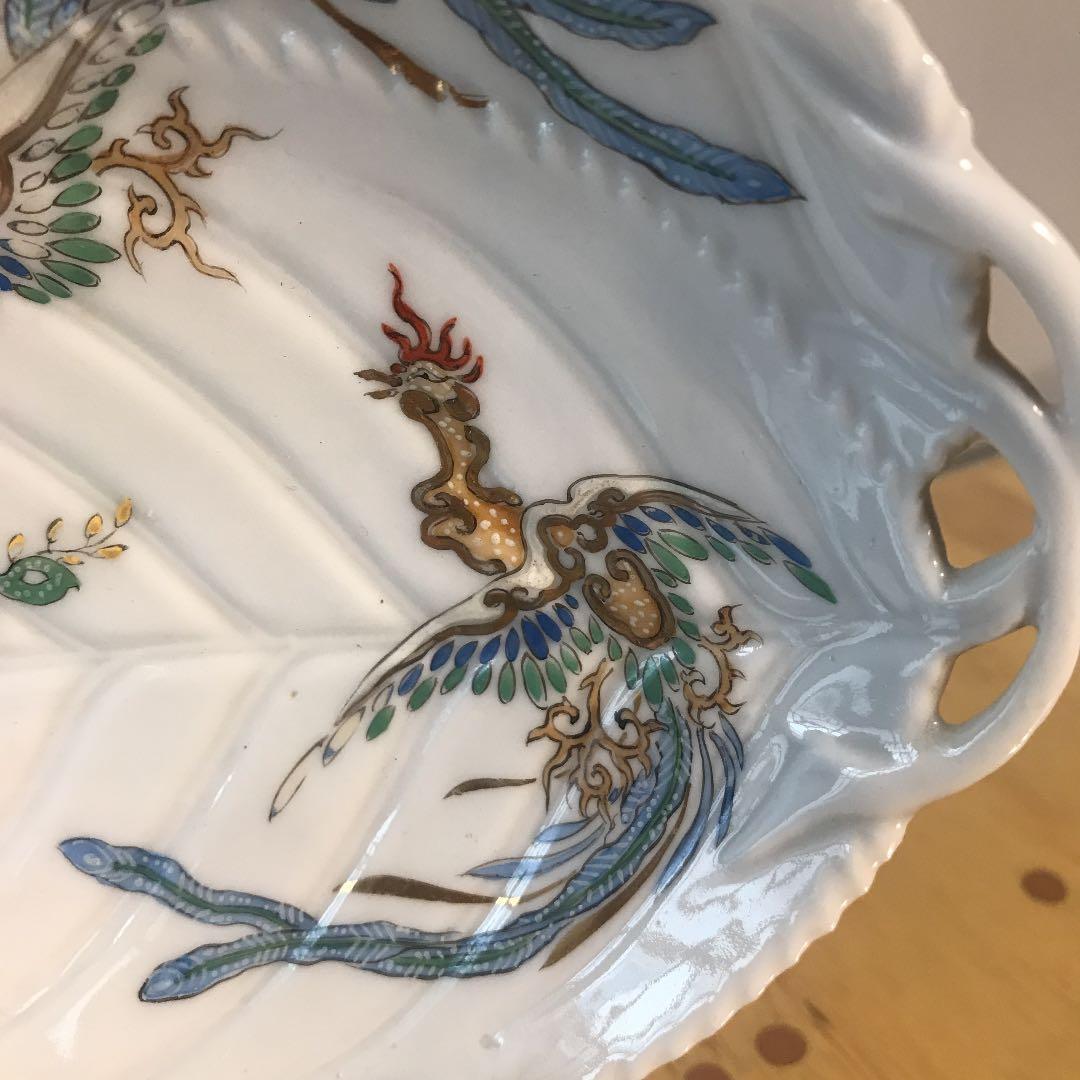 葉っぱ型小物入れ、鳳凰紋様、明治大正時代、手描き、骨董品