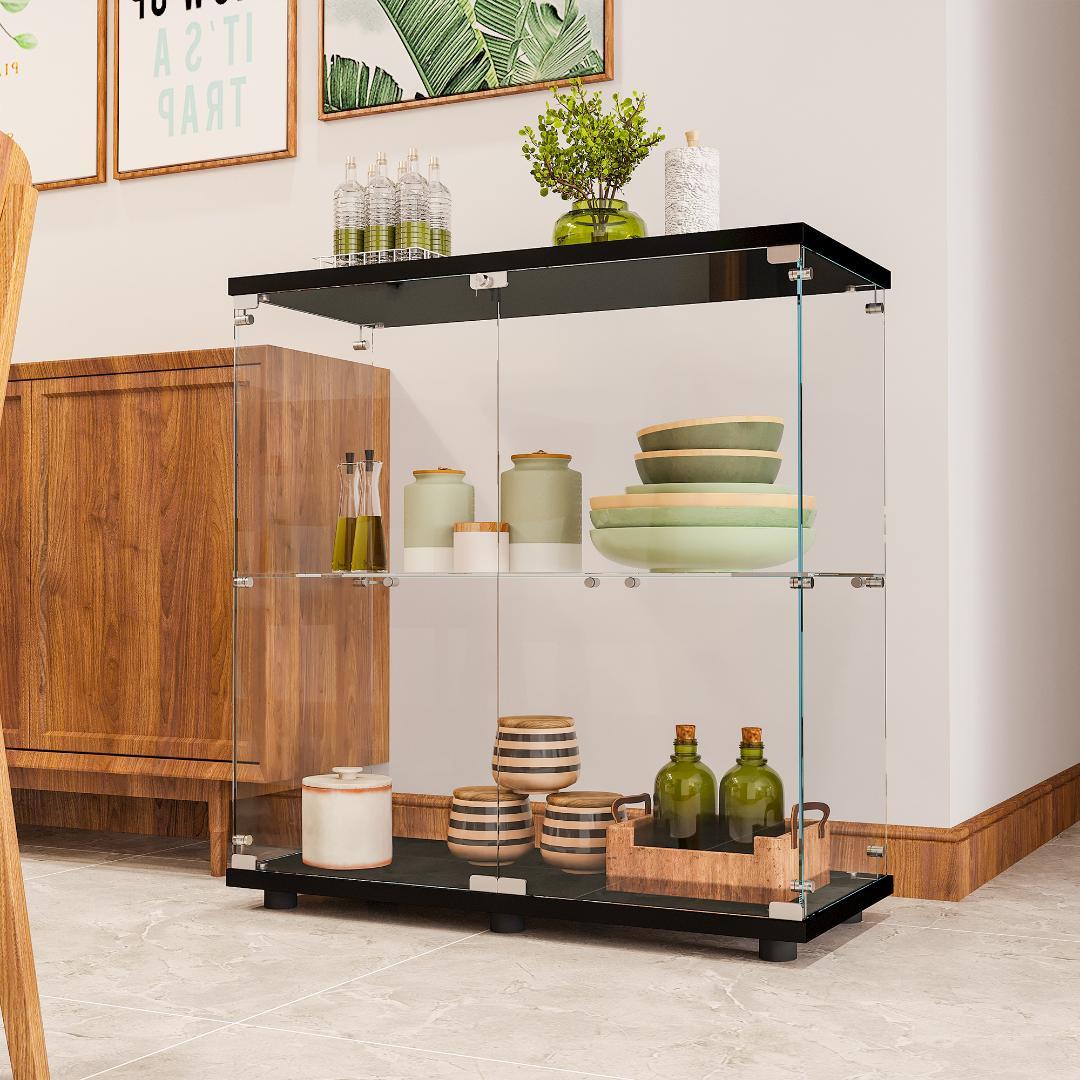 【新品】フィギュアケース 2段ワイド 棚 ブラック コレクションケース ガラス