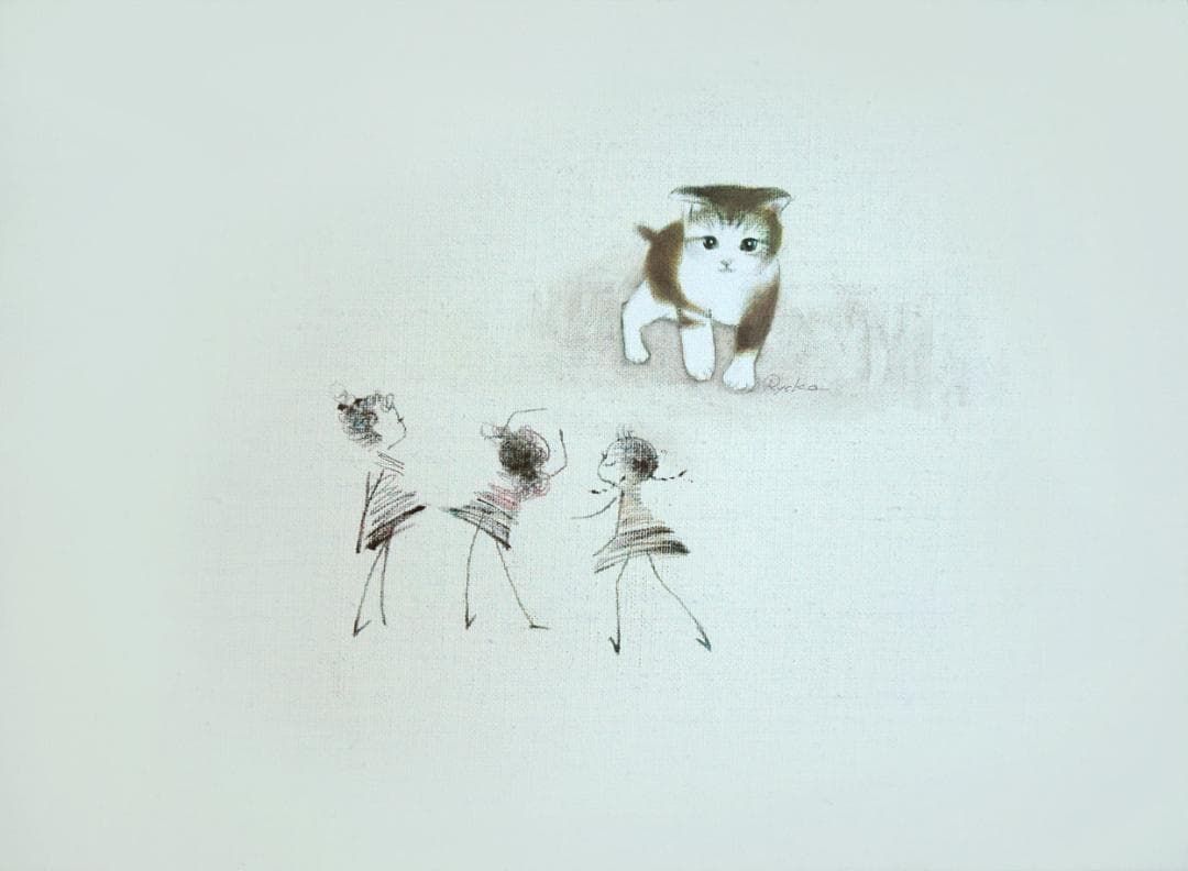 油絵 菅家令子 絵 絵画インテリア額付(銀) F4-090218子猫女の子蟻さん