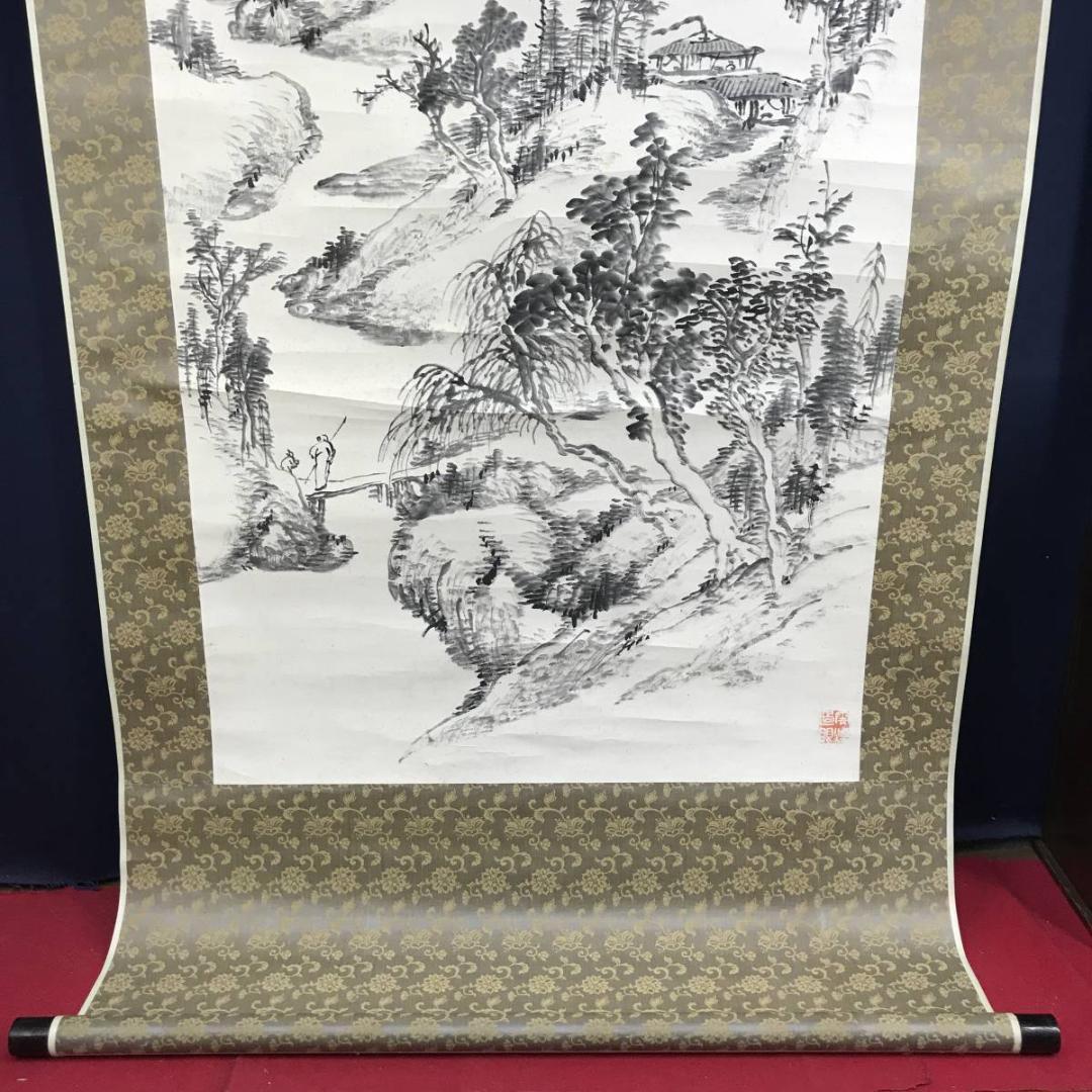 【真作】児玉果亭/皆渓訪友画賛/山水図/掛軸☆宝船☆AD-591