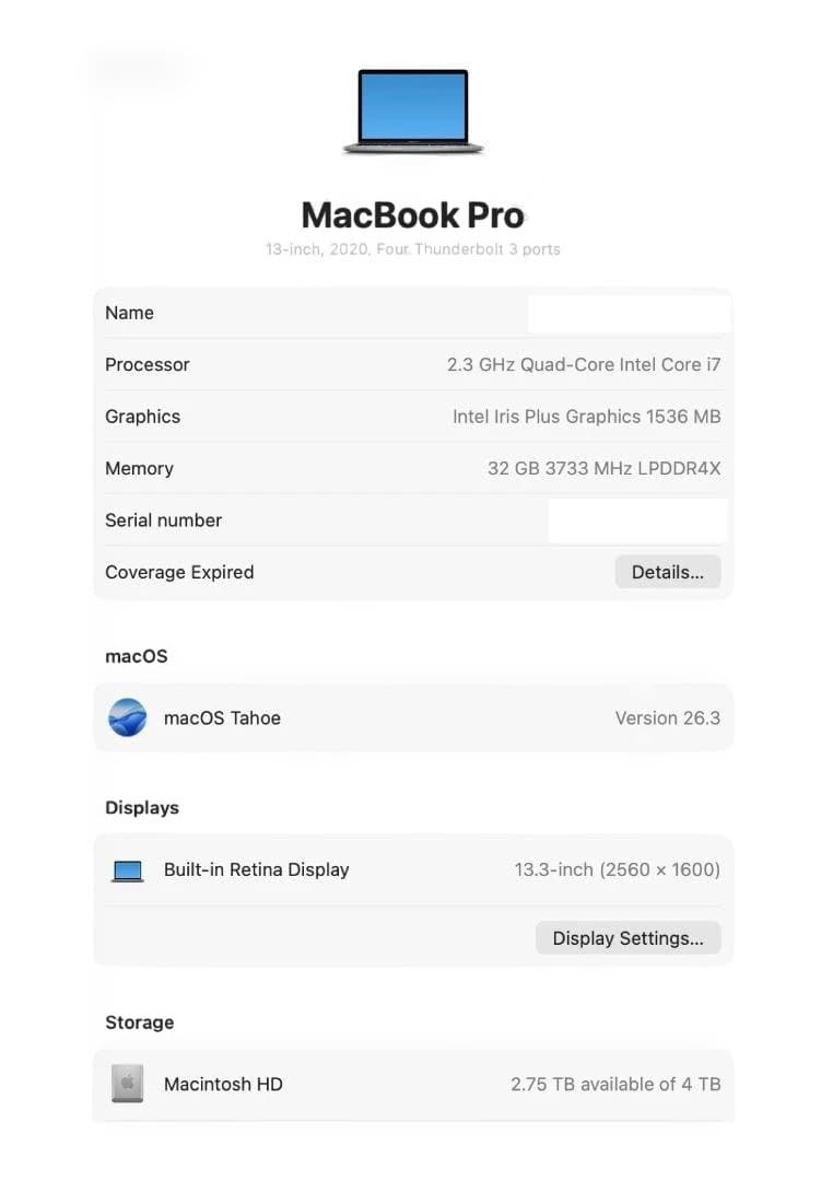 MacBook Pro 2020 i7 32GB 4TB USキー