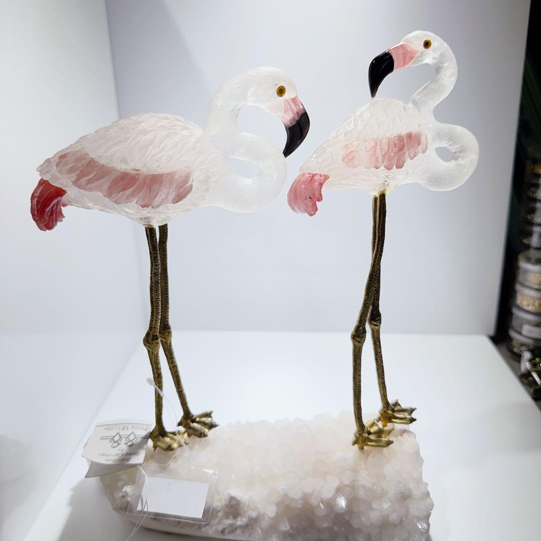 ブラジル産フラミンゴ彫刻水晶　ローズクォーツ　鳥