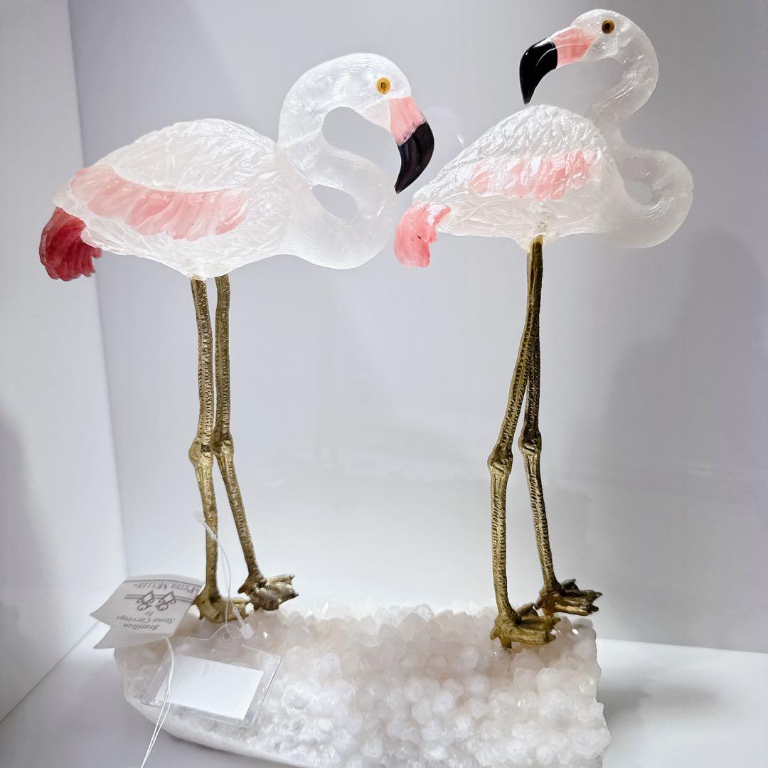 ブラジル産フラミンゴ彫刻水晶　ローズクォーツ　鳥
