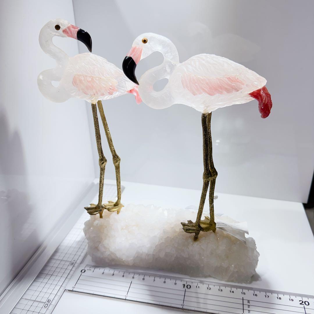 ブラジル産フラミンゴ彫刻水晶　ローズクォーツ　鳥