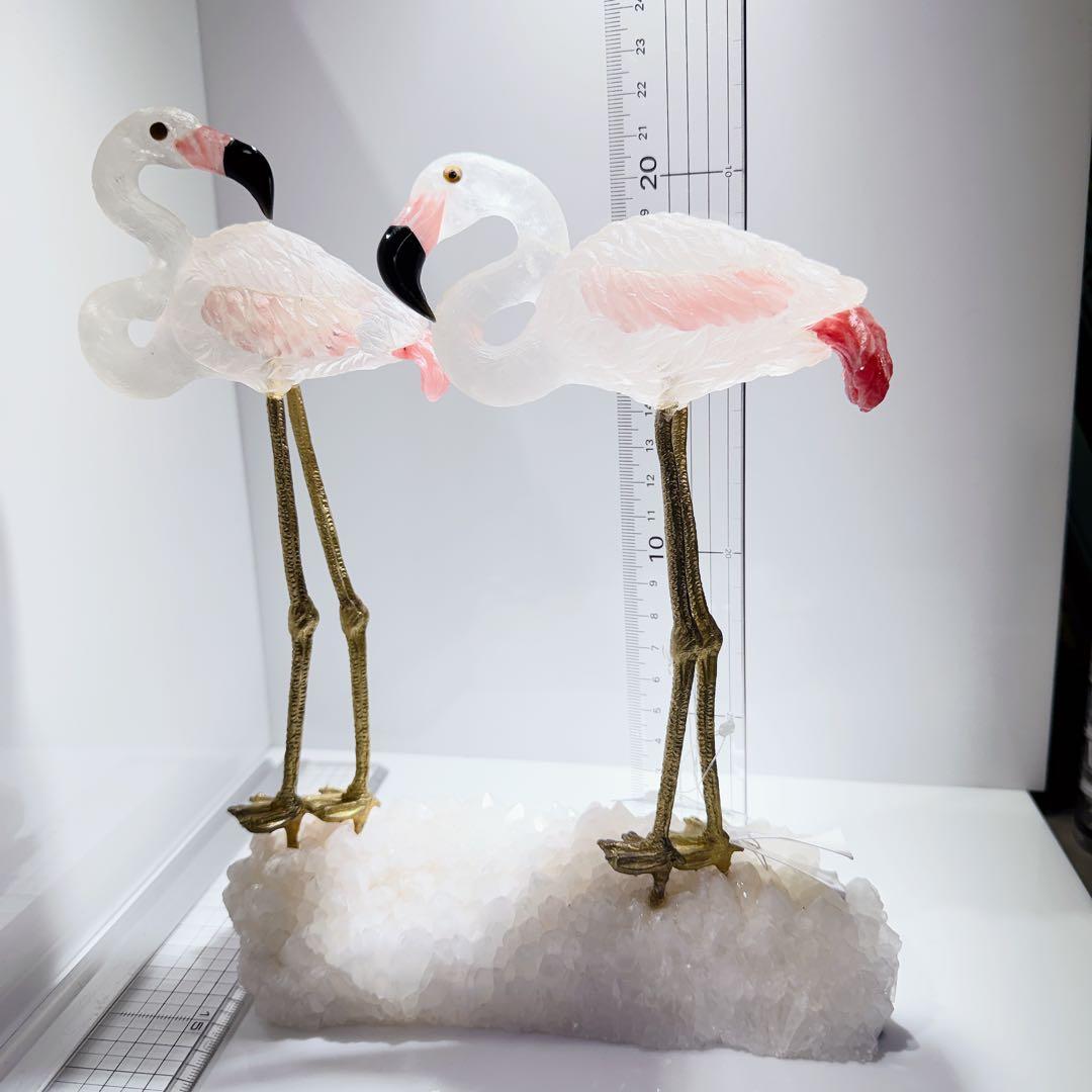 ブラジル産フラミンゴ彫刻水晶　ローズクォーツ　鳥
