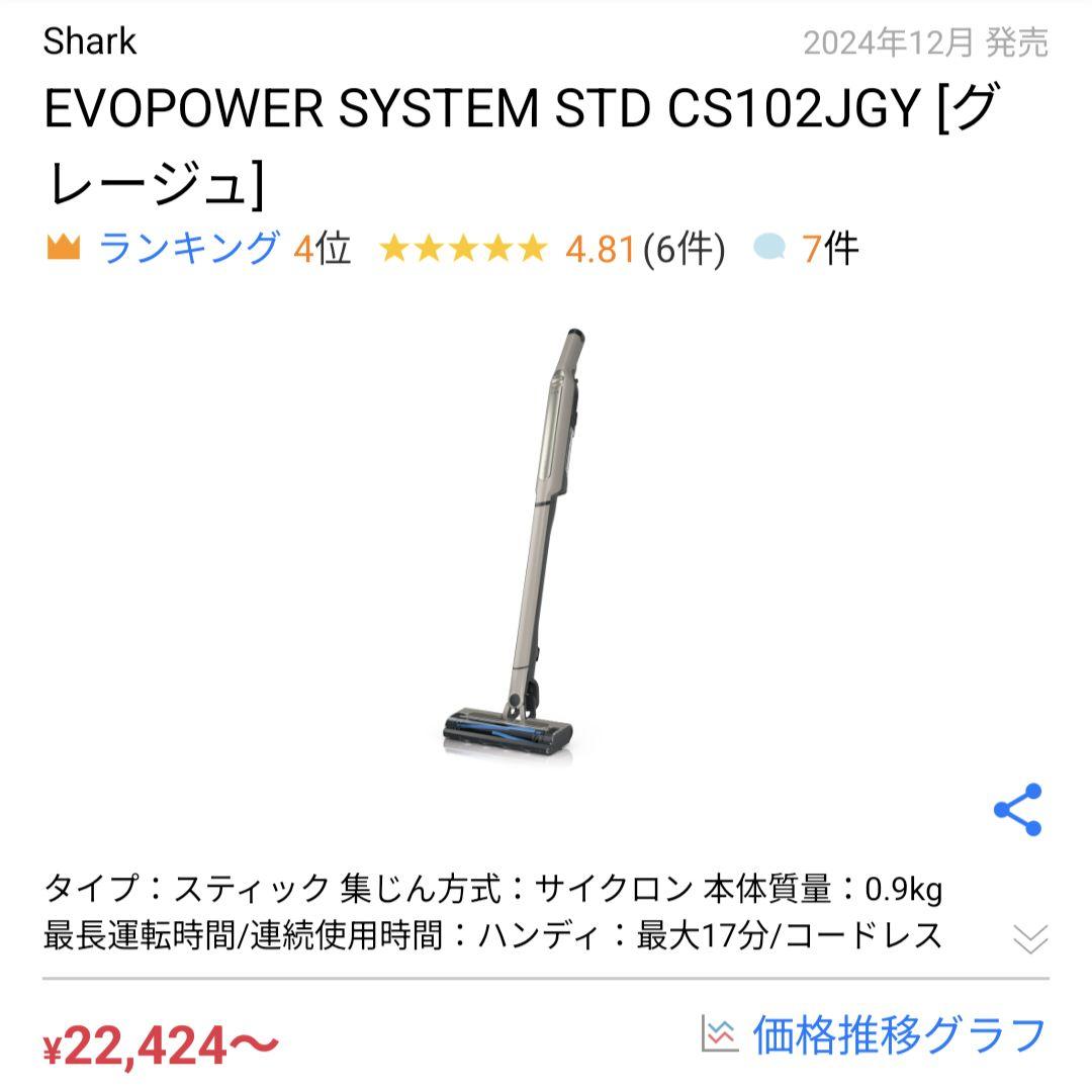 Shark EVOPOWER SYSTEM STD CS102JGY 掃除機