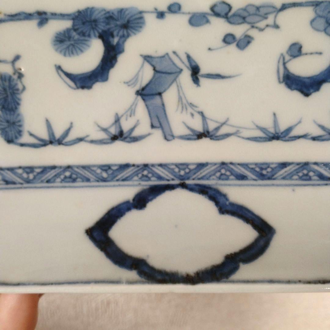 《期間限定セール！〜2/28まで》古伊万里染付白抜き木瓜文長皿江戸時代成化年製