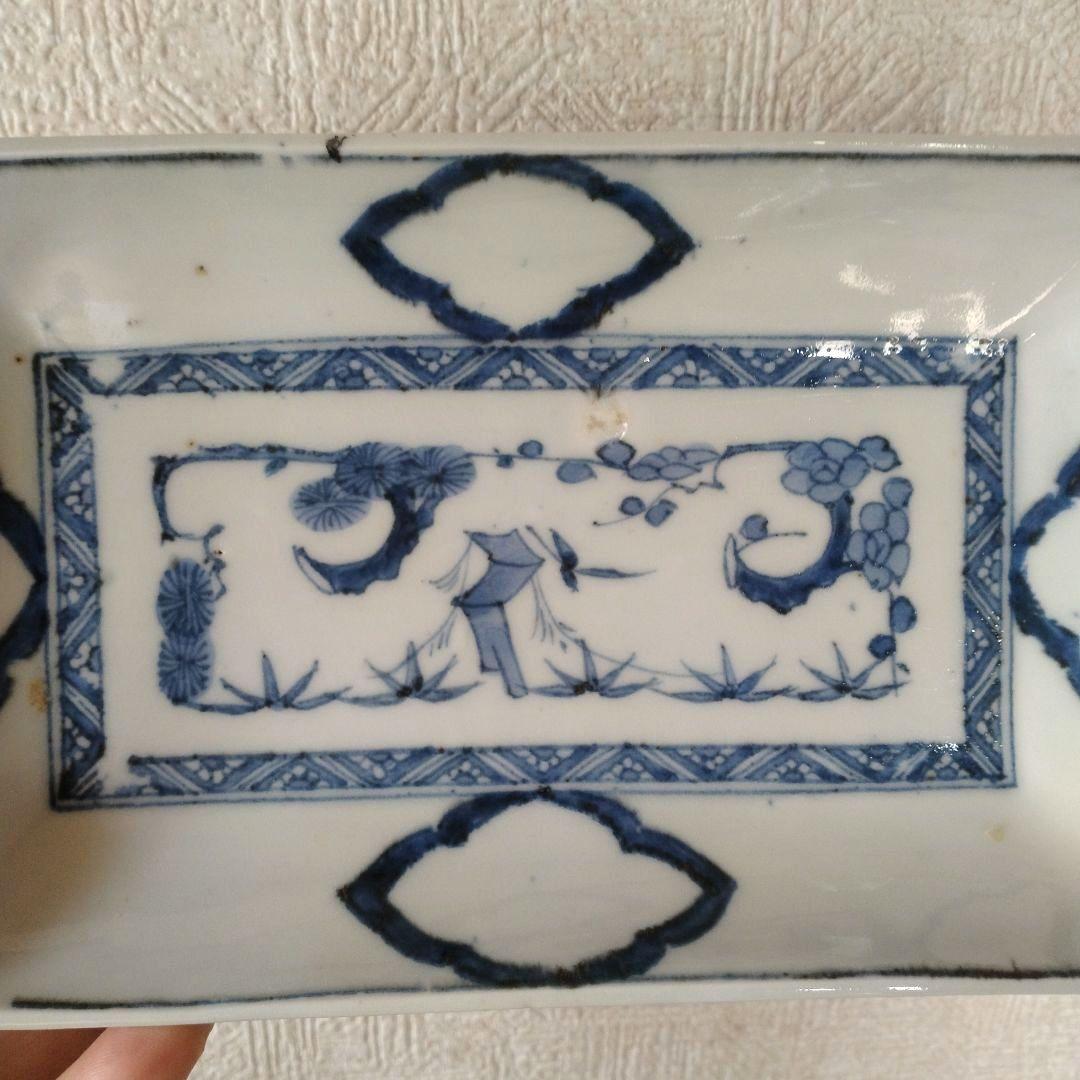 《期間限定セール！〜2/28まで》古伊万里染付白抜き木瓜文長皿江戸時代成化年製