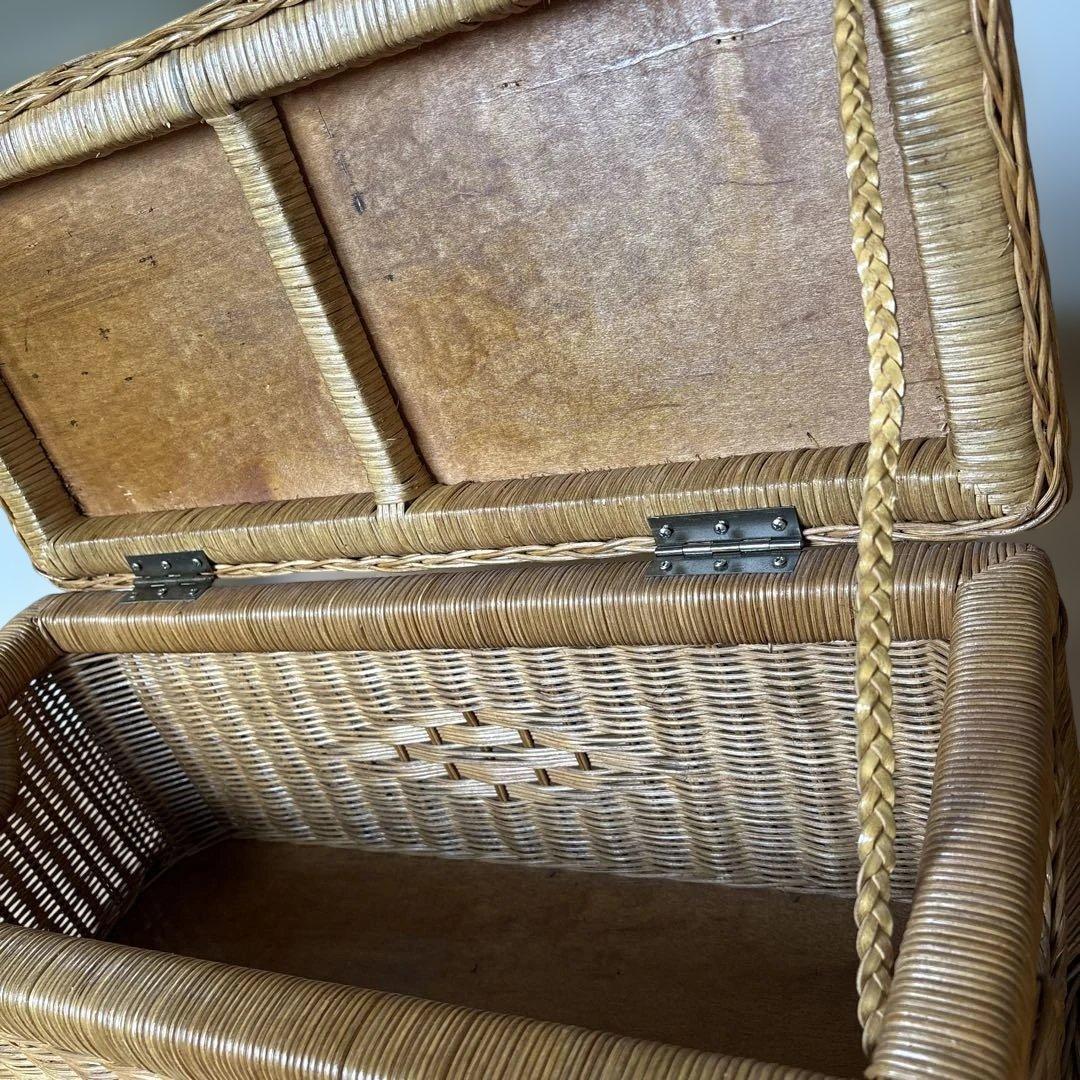 ヴィンテージ　ラタン多用途蓋・底木製　昭和レトロ　バスケットウィッカー製