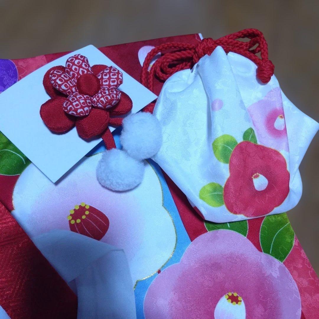 三歳★花ひめ★椿と矢羽根★被布着物小物フルセット★赤ピンク