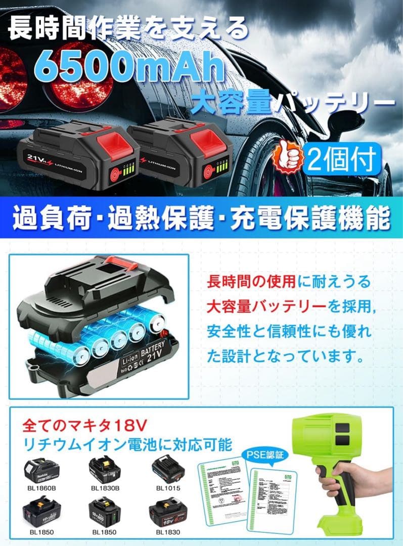 【新品未使用】電動コードレスブロワー 80m/s 2個バッテリー付き