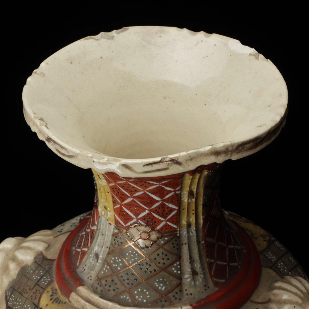 薩摩焼 色絵金彩 武者人物図大花瓶 54㎝ 耳付 飾壺 古美術 骨董品 時代物