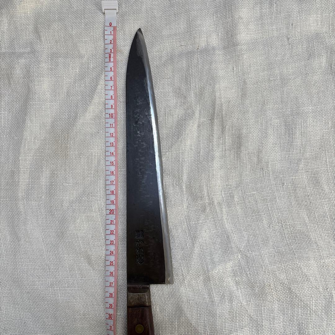 中古　研ぎ済み包丁3点　出刃包丁(木屋)、牛刀(かね惣)、刺身包丁(堺　重光)