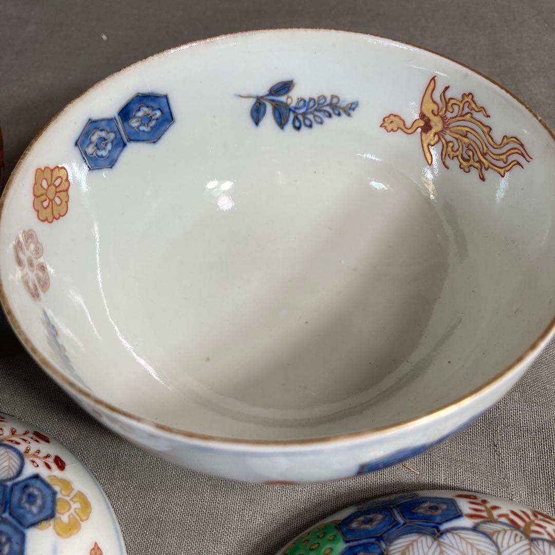 【古伊万里文】古伊万里の伝統　有田名窯　冨貴長春　染錦鳳凰桐亀甲文　蓋付飯碗二客