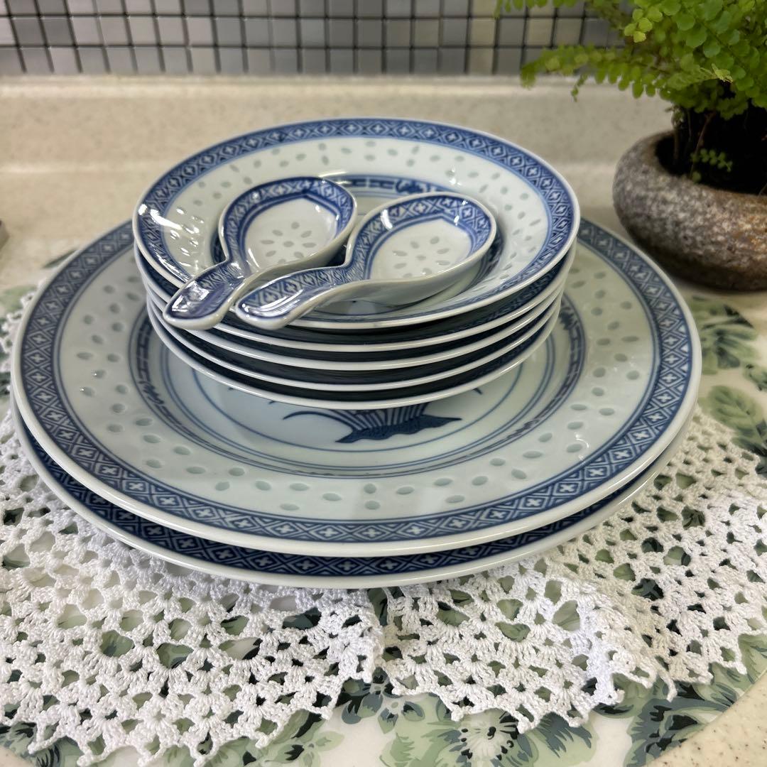 ★ 新品　中国陶器　景徳鎮　蛍　透かし模様　大皿2枚　取り分け小鉢５個　蓮華2本